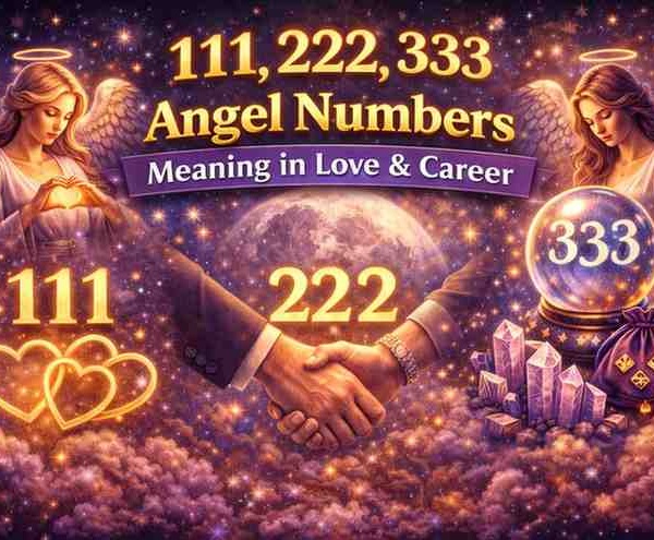 111 222 333 angel numbers meaning in love and career with angels hearts handshake and crystal ball in cosmic background
