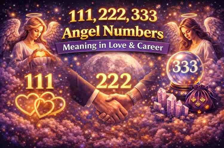 111 222 333 angel numbers meaning in love and career with angels hearts handshake and crystal ball in cosmic background