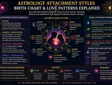 Astrology attachment styles infographic showing birth chart love patterns with secure, anxious, avoidant, and fearful styles explained