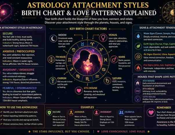 Astrology attachment styles infographic showing birth chart love patterns with secure, anxious, avoidant, and fearful styles explained