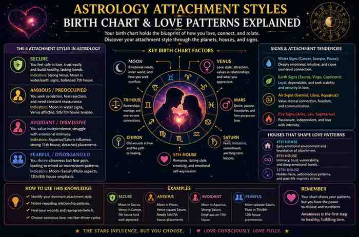 Astrology attachment styles infographic showing birth chart love patterns with secure, anxious, avoidant, and fearful styles explained