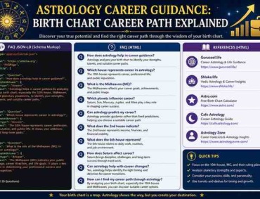 Astrology career guidance infographic showing birth chart career path explained with FAQ, schema markup, and reference sources