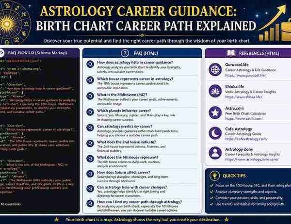 Astrology career guidance infographic showing birth chart career path explained with FAQ, schema markup, and reference sources