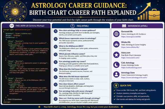 Astrology career guidance infographic showing birth chart career path explained with FAQ, schema markup, and reference sources
