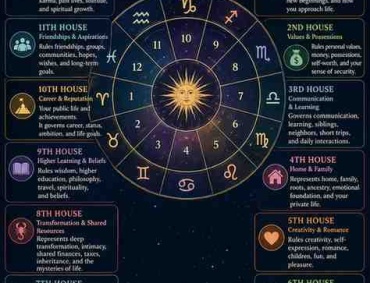 Astrology houses meaning chart showing the complete guide to all 12 astrological houses with symbols and life areas