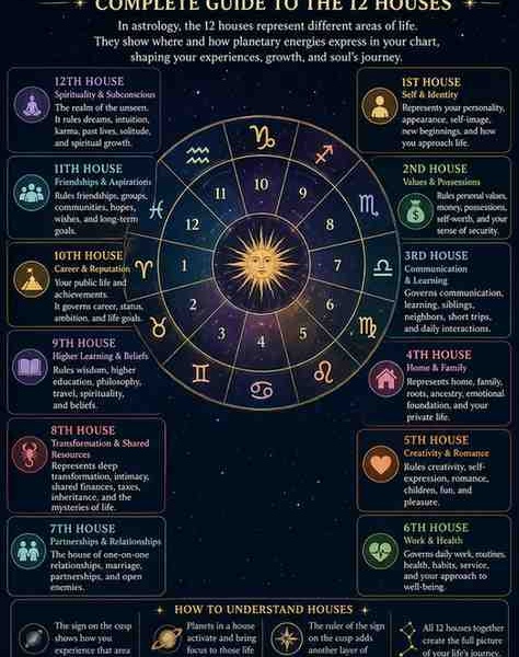 Astrology houses meaning chart showing the complete guide to all 12 astrological houses with symbols and life areas