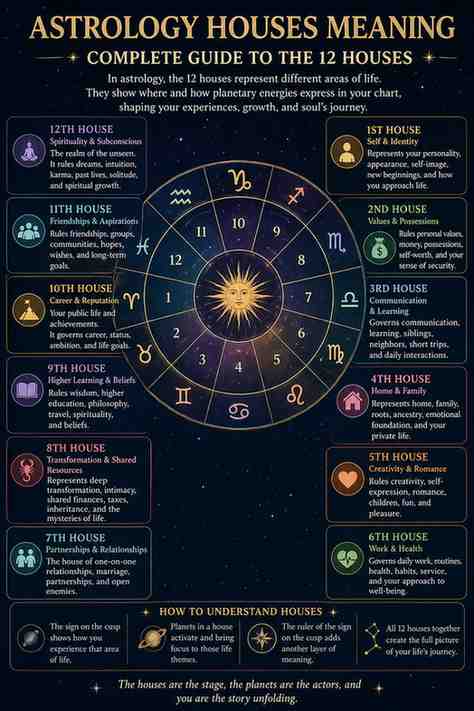 Astrology houses meaning chart showing the complete guide to all 12 astrological houses with symbols and life areas