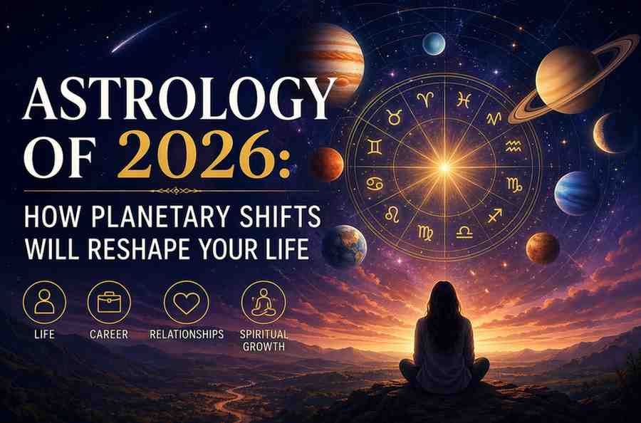 Astrology of 2026 showing planetary shifts, zodiac wheel, and cosmic sky representing life, career, relationships, and spiritual growth