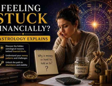 Woman feeling stressed about finances with astrology chart, coins, and calculator representing financial struggles and money blocks in astrology