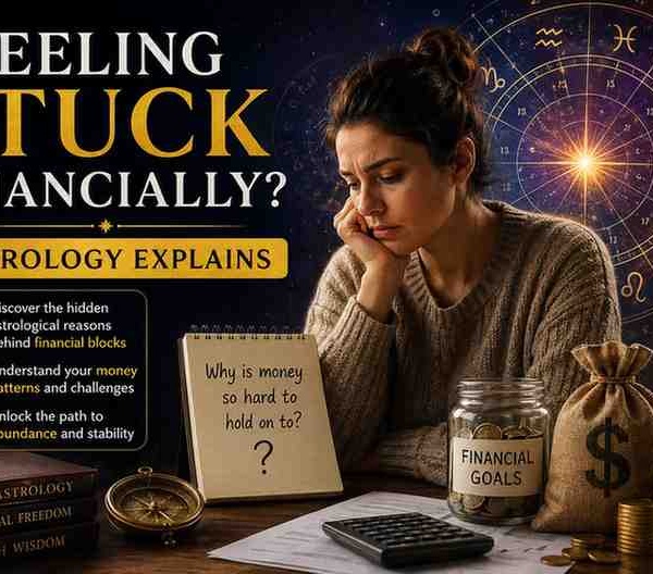 Woman feeling stressed about finances with astrology chart, coins, and calculator representing financial struggles and money blocks in astrology