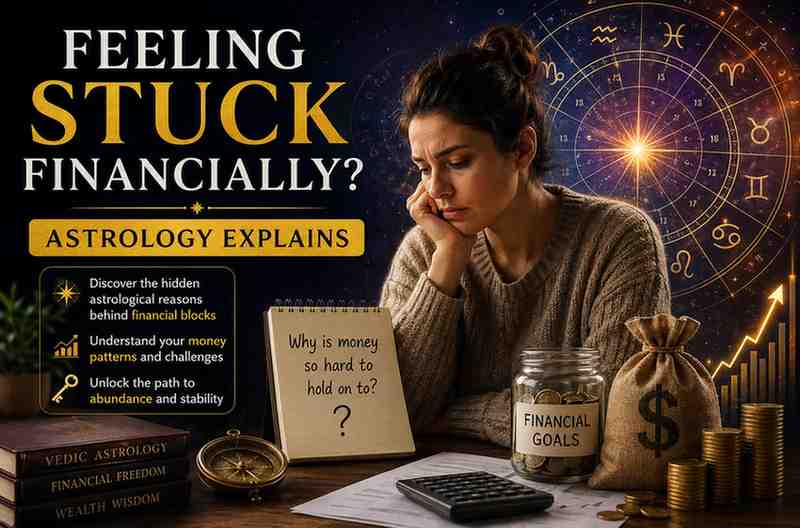 Woman feeling stressed about finances with astrology chart, coins, and calculator representing financial struggles and money blocks in astrology