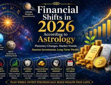 Financial Shifts in 2026 According to Astrology infographic showing planetary impacts, market trends, gold investment, and long-term wealth strategies