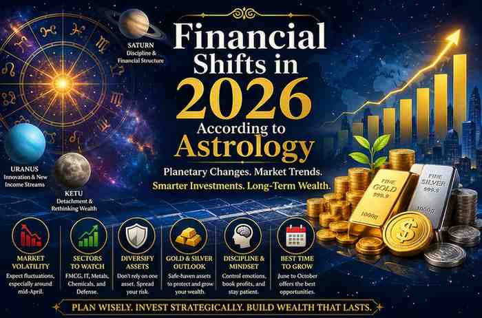 Financial Shifts in 2026 According to Astrology infographic showing planetary impacts, market trends, gold investment, and long-term wealth strategies