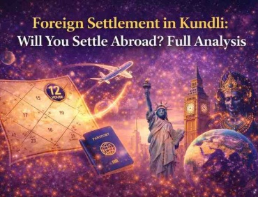 Foreign settlement in kundli astrology banner showing birth chart airplane passport and global relocation symbols