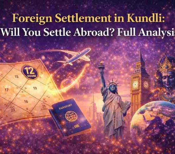 Foreign settlement in kundli astrology banner showing birth chart airplane passport and global relocation symbols