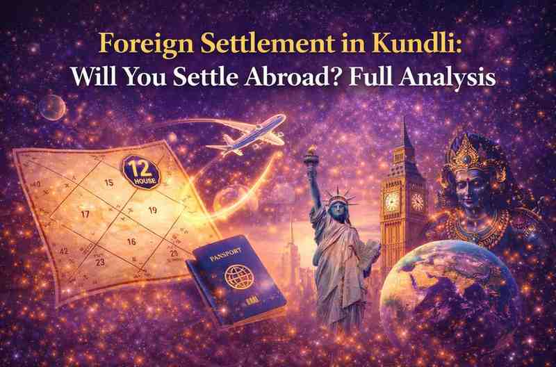 Foreign settlement in kundli astrology banner showing birth chart airplane passport and global relocation symbols