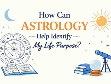 An illustrative graphic titled "How Can Astrology Help Identify My Life Purpose?" featuring a natal chart, a crescent moon, a sun, a telescope, and a crystal ball on a stack of books.