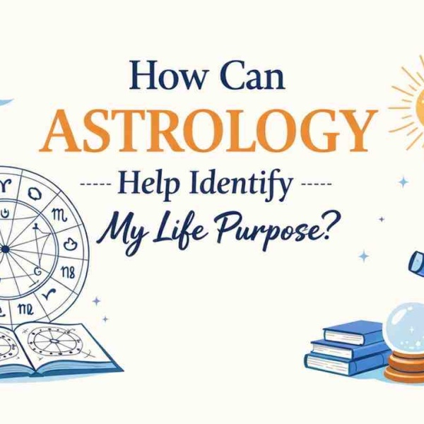 An illustrative graphic titled "How Can Astrology Help Identify My Life Purpose?" featuring a natal chart, a crescent moon, a sun, a telescope, and a crystal ball on a stack of books.