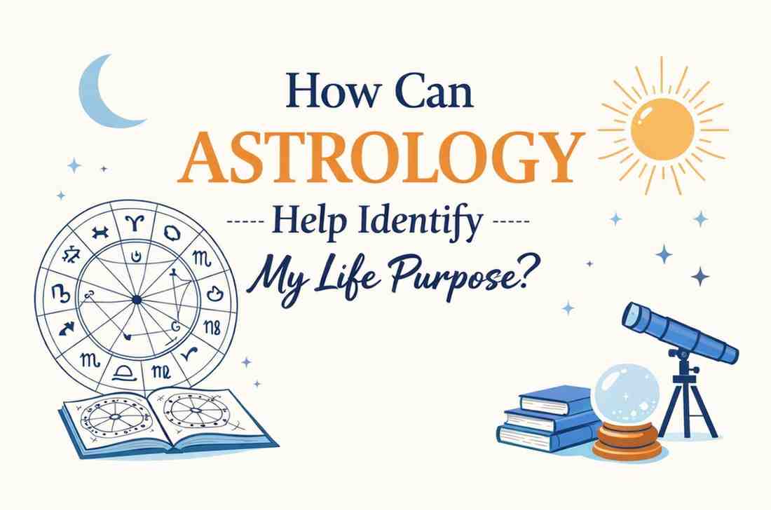 An illustrative graphic titled "How Can Astrology Help Identify My Life Purpose?" featuring a natal chart, a crescent moon, a sun, a telescope, and a crystal ball on a stack of books.