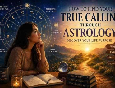 Woman exploring astrology birth chart to discover life purpose with zodiac wheel, cosmic background, and path symbolizing true calling