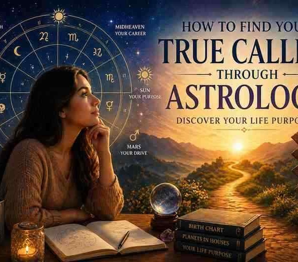 Woman exploring astrology birth chart to discover life purpose with zodiac wheel, cosmic background, and path symbolizing true calling