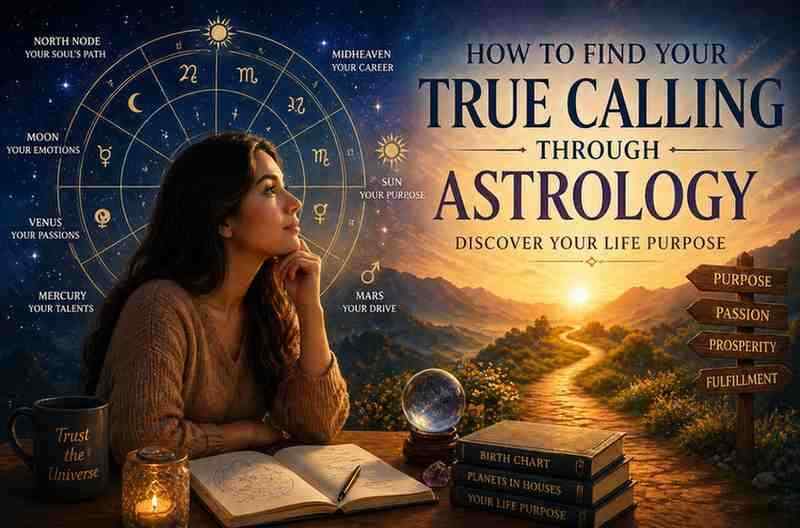 Woman exploring astrology birth chart to discover life purpose with zodiac wheel, cosmic background, and path symbolizing true calling