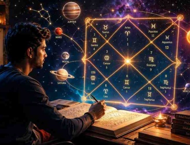 Person analyzing glowing Kundli birth chart with zodiac symbols and cosmic background in mystical astrology illustration