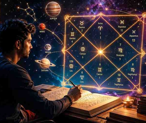 Person analyzing glowing Kundli birth chart with zodiac symbols and cosmic background in mystical astrology illustration