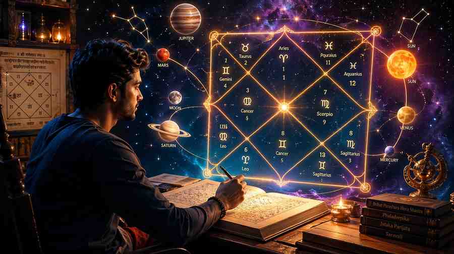 Person analyzing glowing Kundli birth chart with zodiac symbols and cosmic background in mystical astrology illustration