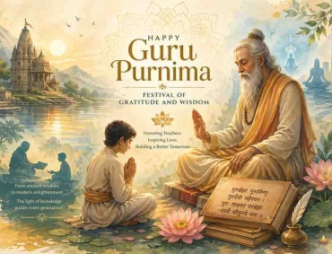 Guru Purnima festival illustration showing teacher blessing student with temple, lotus, and spiritual symbols in background