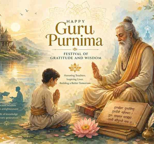 Guru Purnima festival illustration showing teacher blessing student with temple, lotus, and spiritual symbols in background