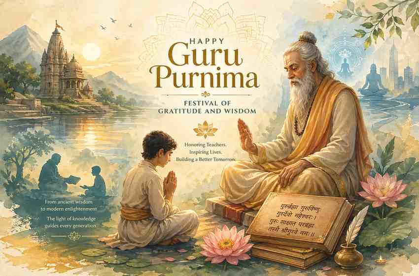 Guru Purnima festival illustration showing teacher blessing student with temple, lotus, and spiritual symbols in background