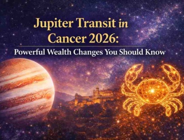Jupiter transit in Cancer 2026 astrology banner showing Jupiter planet and Cancer zodiac symbol with wealth prediction theme