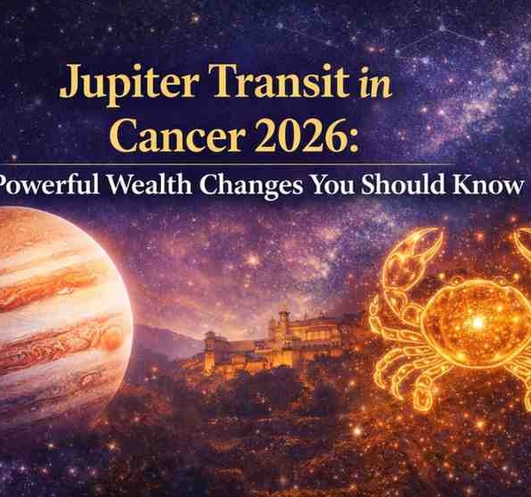 Jupiter transit in Cancer 2026 astrology banner showing Jupiter planet and Cancer zodiac symbol with wealth prediction theme