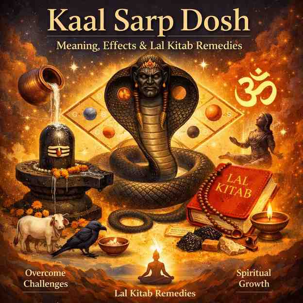 Kaal sarp dosh remedies illustration with serpent Rahu Ketu Shivling Lal Kitab astrology