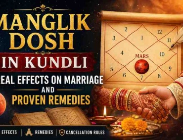 Manglik Dosh in Kundli illustration showing Mars placement in horoscope chart with Indian wedding couple symbolizing effects on marriage and remedies