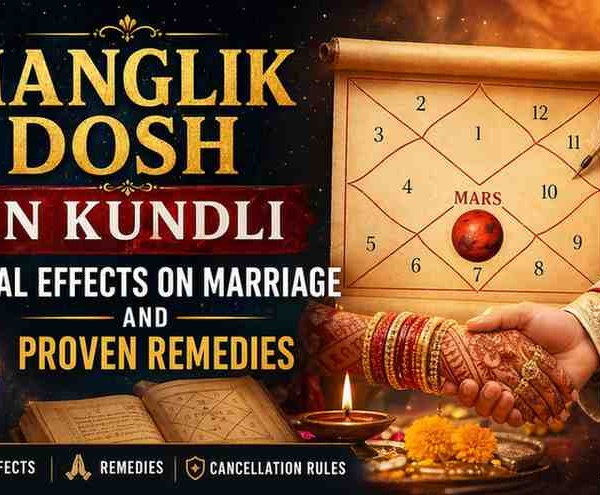 Manglik Dosh in Kundli illustration showing Mars placement in horoscope chart with Indian wedding couple symbolizing effects on marriage and remedies