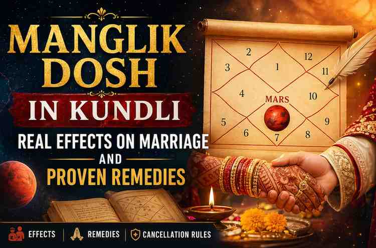 Manglik Dosh in Kundli illustration showing Mars placement in horoscope chart with Indian wedding couple symbolizing effects on marriage and remedies