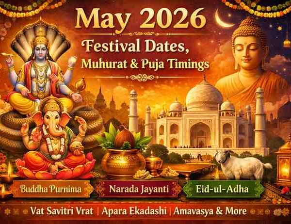 May 2026 festival dates and muhurat with Buddha Purnima, Narada Jayanti, Eid-ul-Adha, and Hindu puja timings illustration