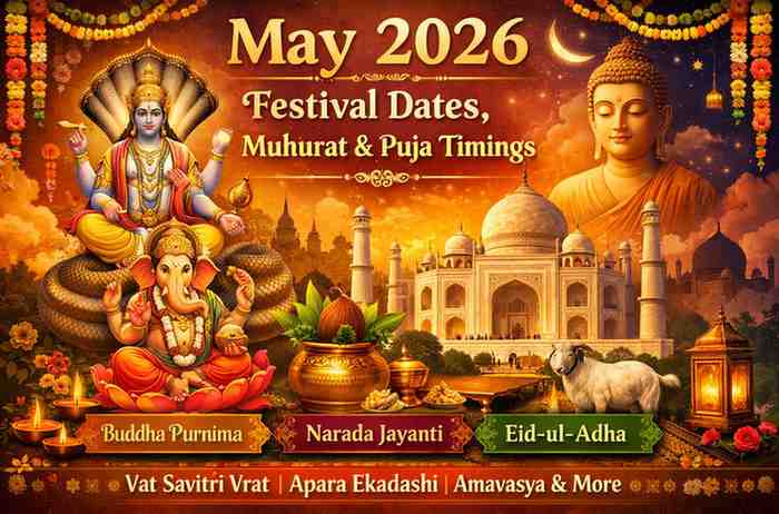 May 2026 festival dates and muhurat with Buddha Purnima, Narada Jayanti, Eid-ul-Adha, and Hindu puja timings illustration