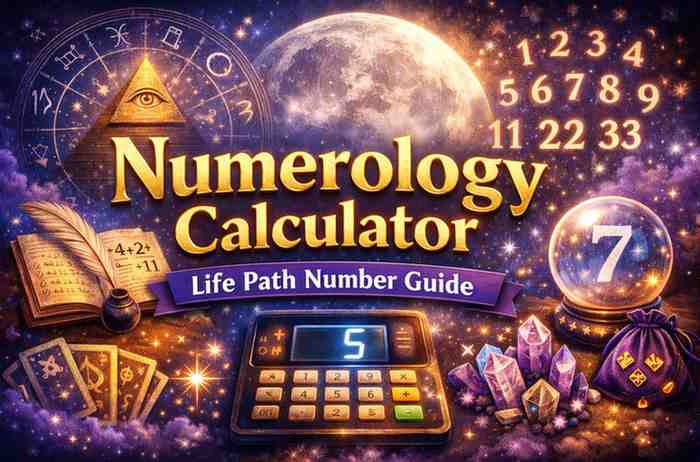 Numerology calculator life path number guide with cosmic background numbers crystal ball and astrology symbols