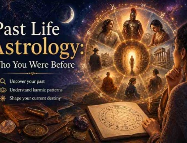 Past Life Astrology concept showing a woman studying a birth chart with a glowing zodiac wheel and visions of different past lives across time.