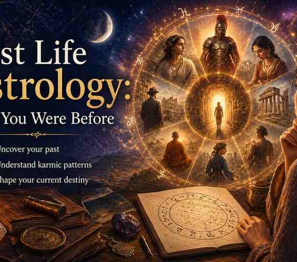 Past Life Astrology concept showing a woman studying a birth chart with a glowing zodiac wheel and visions of different past lives across time.