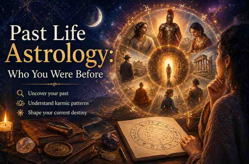 Past Life Astrology concept showing a woman studying a birth chart with a glowing zodiac wheel and visions of different past lives across time.