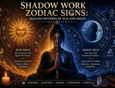Shadow work zodiac signs illustration with sun and moon symbols, meditating figure, and zodiac wheel representing emotional healing and inner transformation