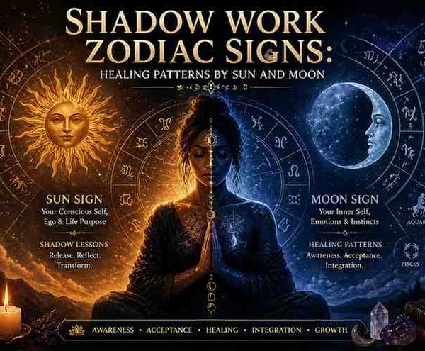 Shadow work zodiac signs illustration with sun and moon symbols, meditating figure, and zodiac wheel representing emotional healing and inner transformation