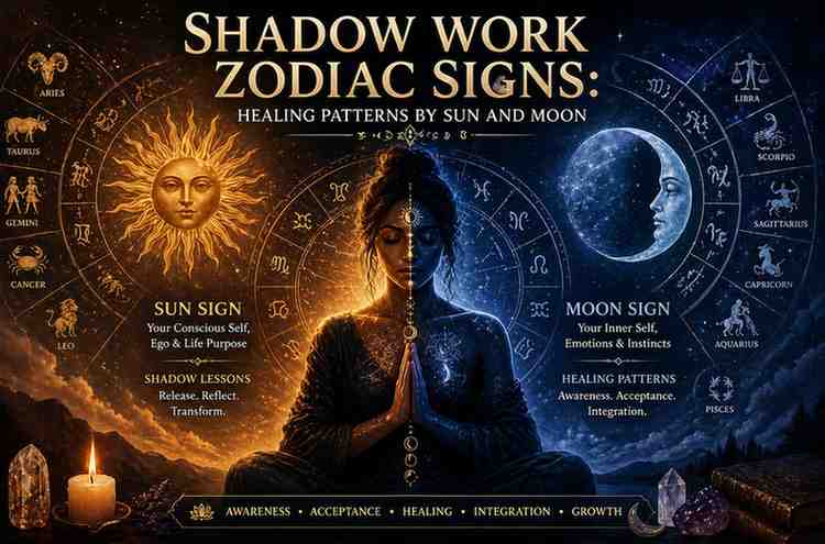 Shadow work zodiac signs illustration with sun and moon symbols, meditating figure, and zodiac wheel representing emotional healing and inner transformation