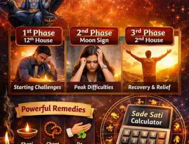 Shani Sade Sati infographic showing 3 phases effects remedies and sade sati calculator