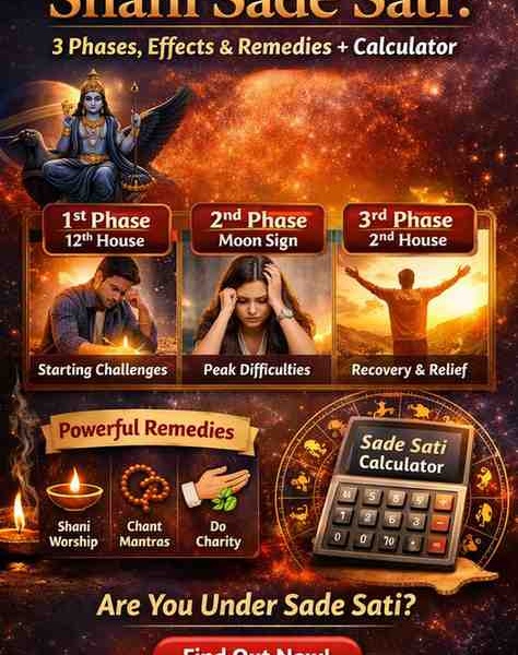Shani Sade Sati infographic showing 3 phases effects remedies and sade sati calculator