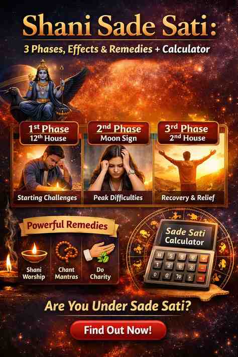 Shani Sade Sati infographic showing 3 phases effects remedies and sade sati calculator